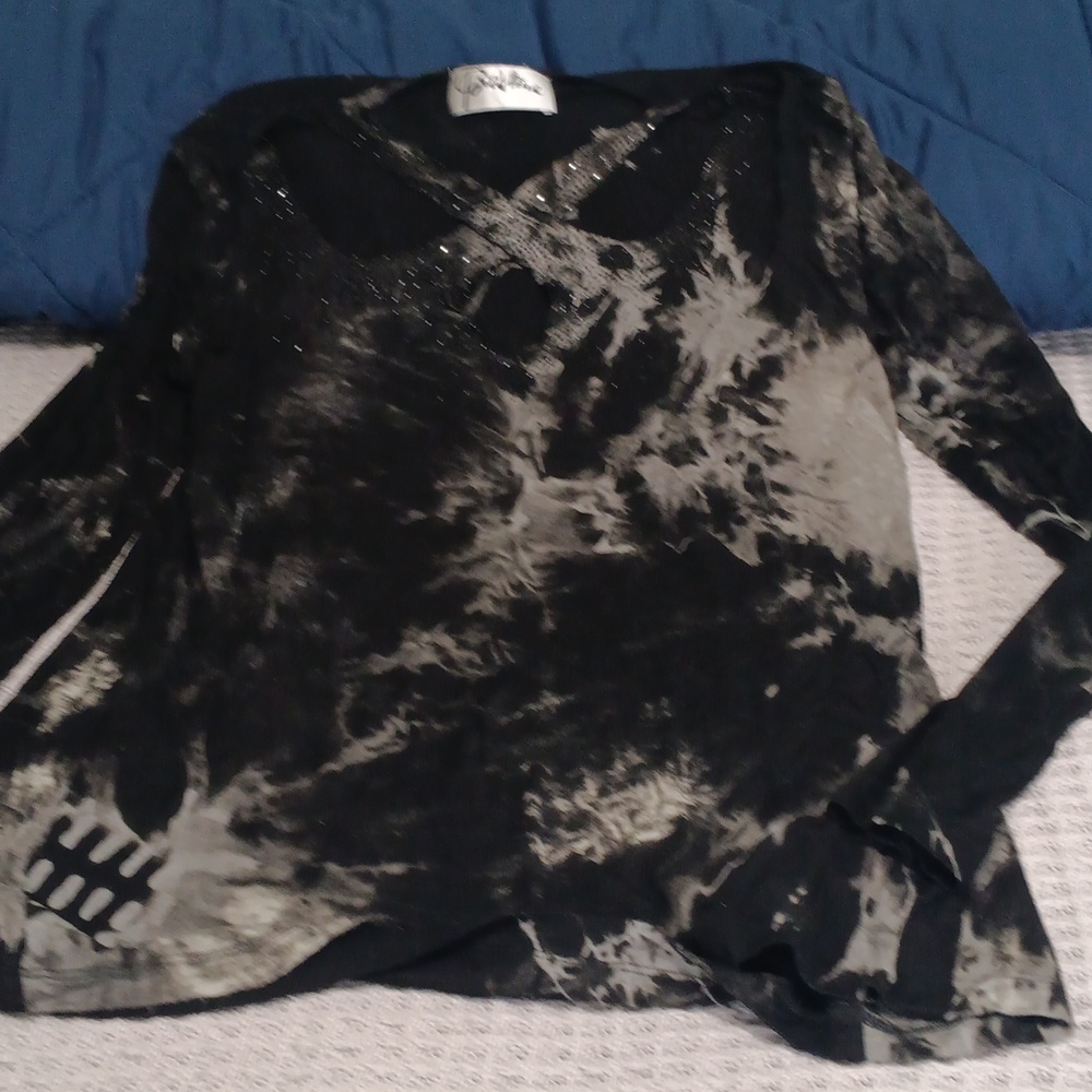 Gothic Black and Gray Tie-Dye Top with Studded Details